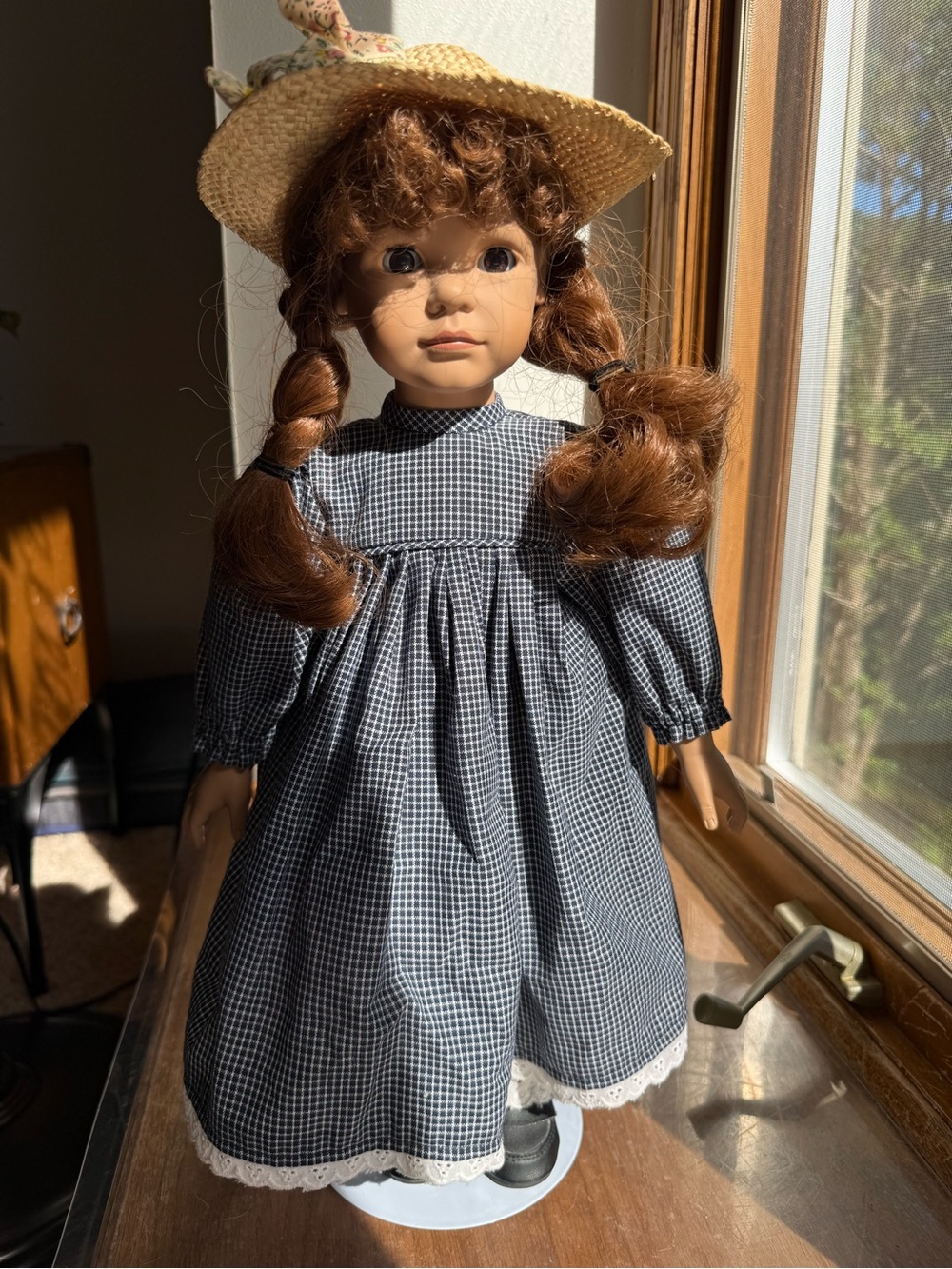 Vintage Heidi Ott Swiss Vinyl Doll 16" Red Pigtails Straw Hat Blue Check Dress